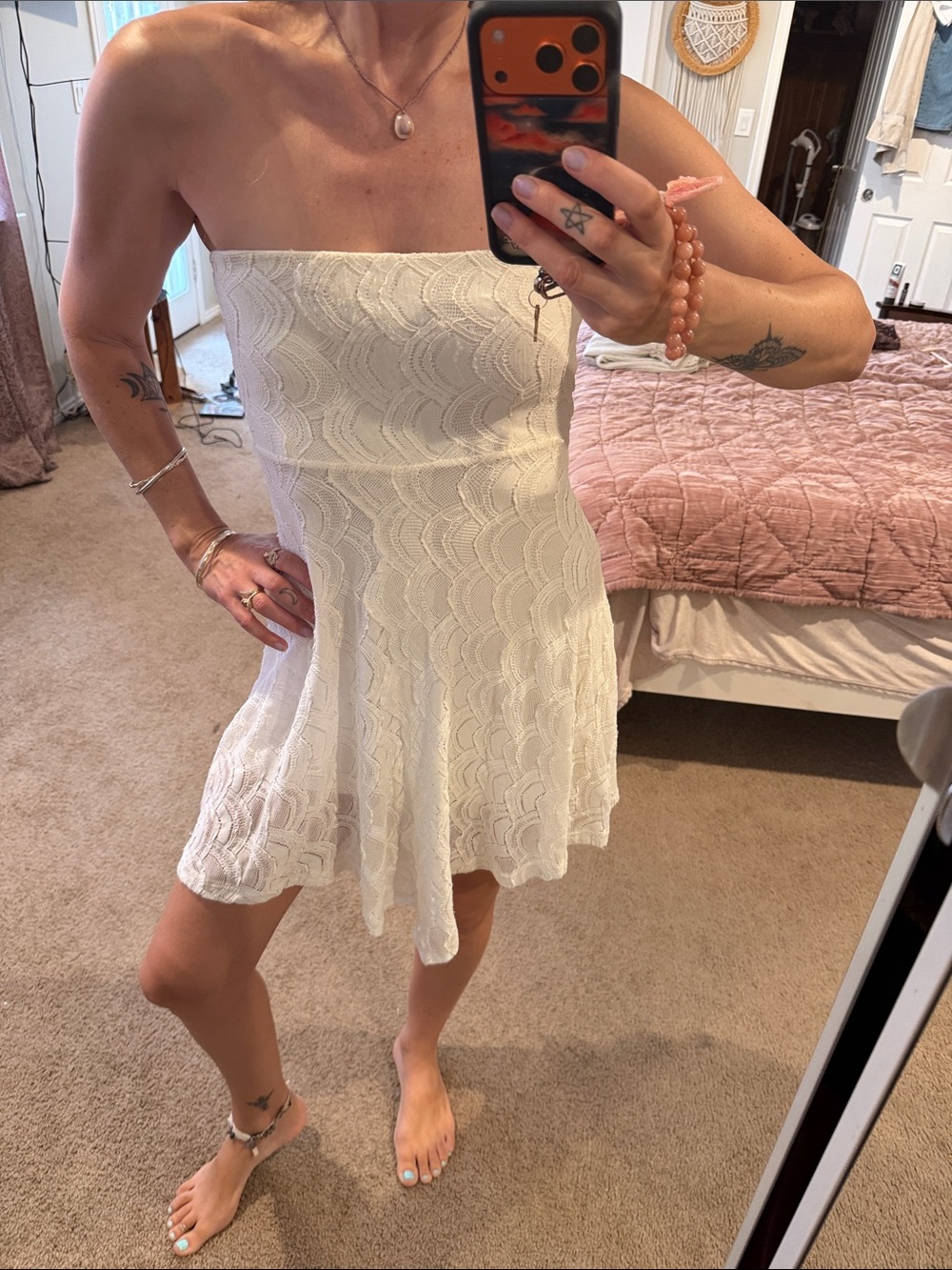 Nightcap free people White Strapless Lace Flare mini Dress